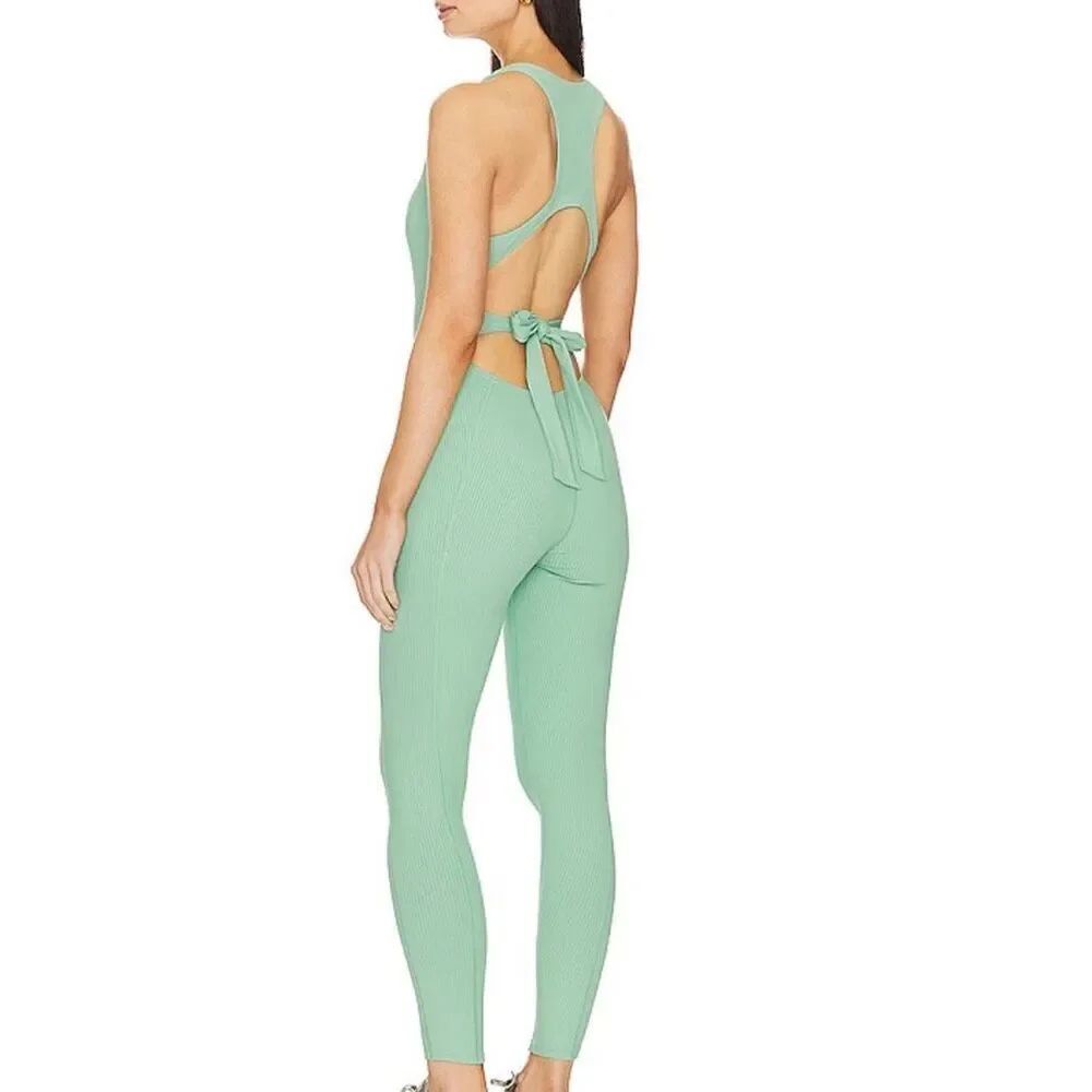 Gigi C Size L Krizia Athleisure Jumpsuit Sage Green Bow Back Bodycon Catsuit NWT